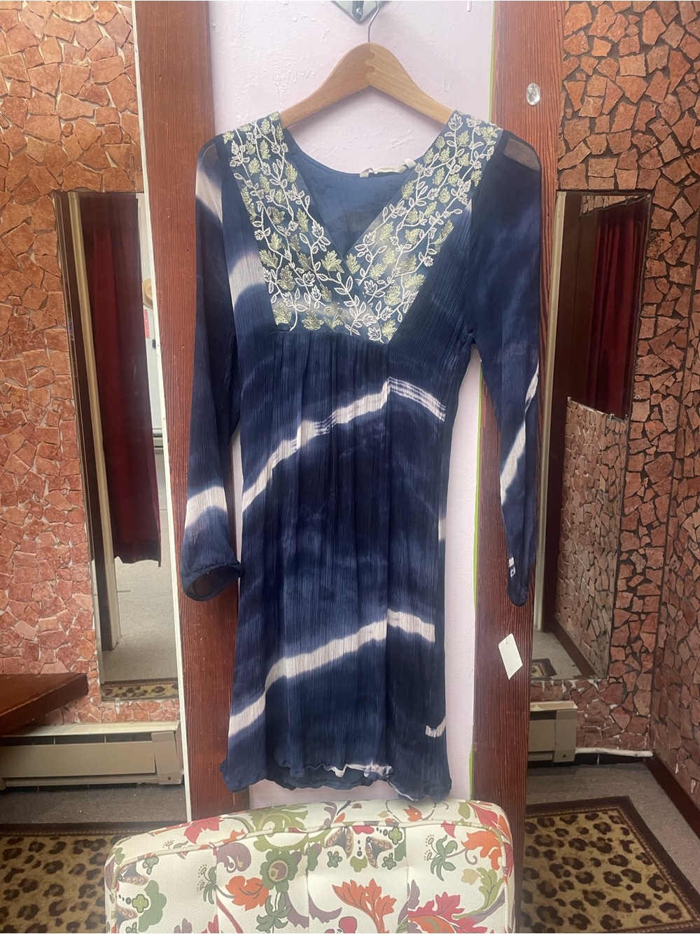 Soft Surroundings Navy and White Tie-Dye V-Neck Dress with Embroidered Yoke